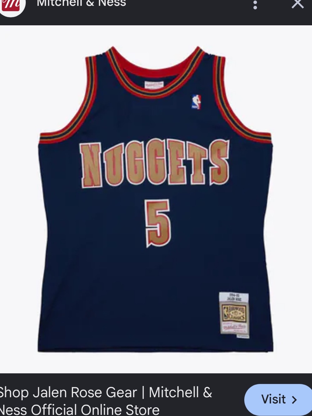 Vintage NBA Jalen Rose Denver Nuggets #5 90s Champion Basketball Jersey Size 48